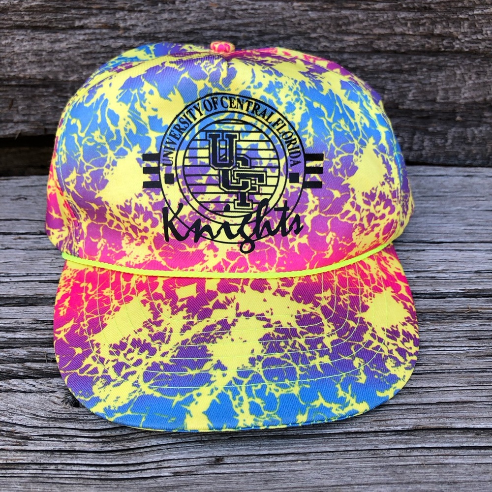 Vintage 90s snap back hat Neon blue purple pink yellow UCF Florida 1990s Cap